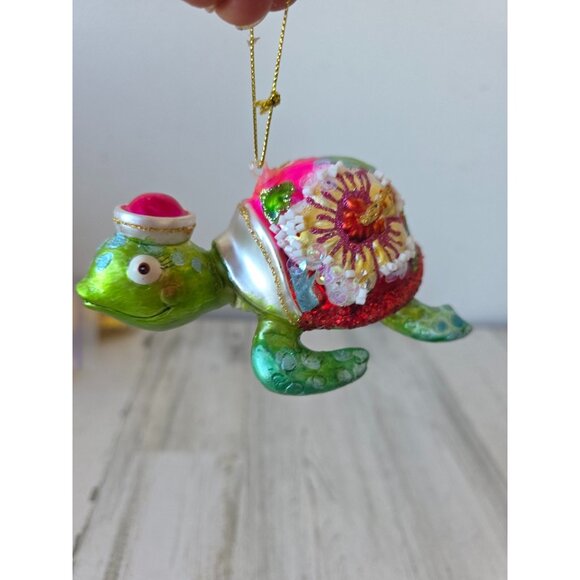 Sea turtle glass Hawaiian flower ornament green glitter Xmas tree - Picture 1 of 8